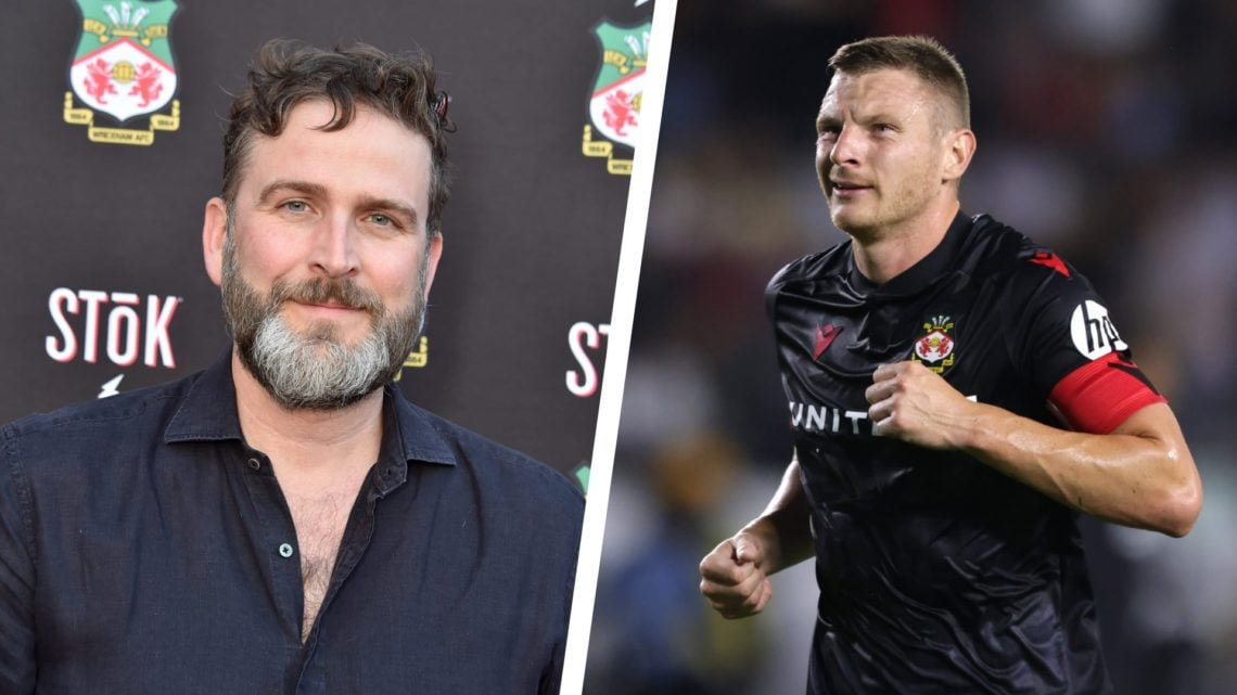 Split image of Wrexham community director Humphrey Ker at the Welcome to Wrexham premiere, and Wrexham striker Paul Mullin during a game.