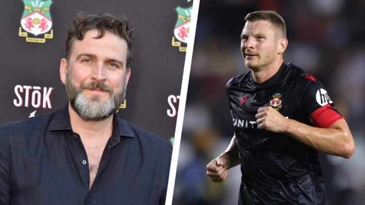 Split image of Wrexham community director Humphrey Ker at the Welcome to Wrexham premiere, and Wrexham striker Paul Mullin during a game.
