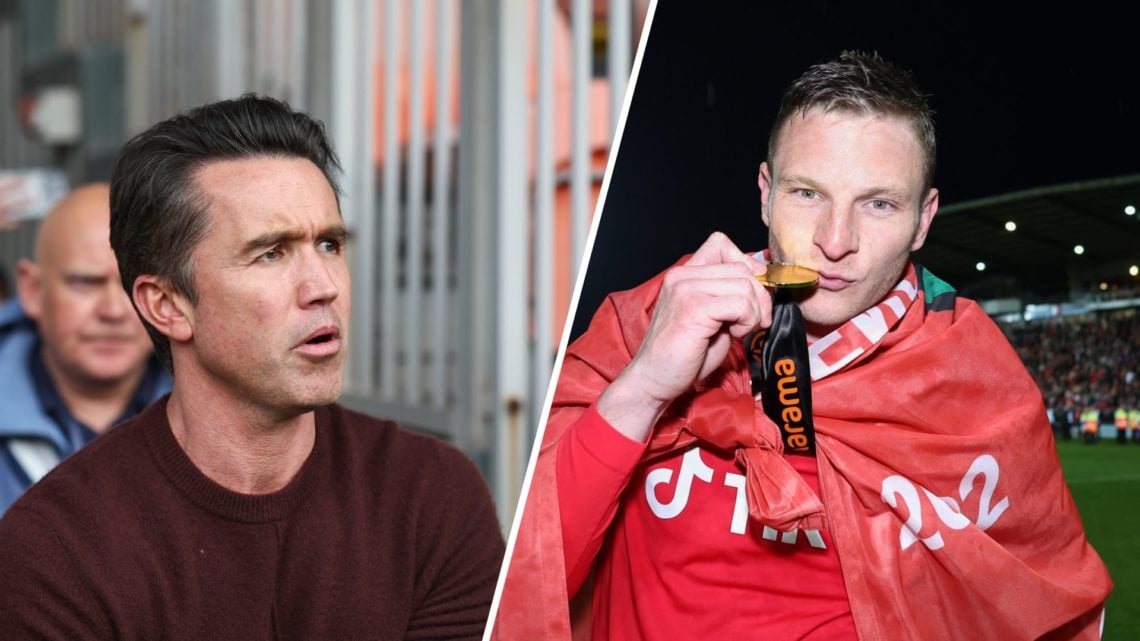 A split image of Wrexham co-owner Rob McElhenney (L) and Wrexham striker Paul Mullin (R)