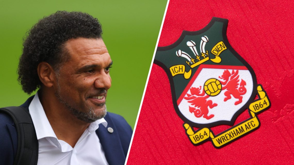 A split image of pundit Don Goodman (L) and the official Wrexham badge on a home shirt (R)