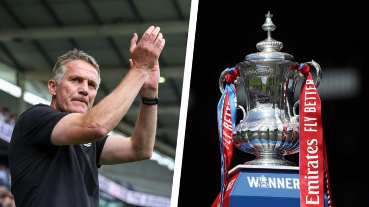 Split image of Wrexham AFC manager Phil Parkinson applauding the fans, and the official FA Cup trophy.