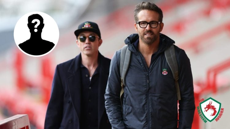 Wrexham co-owners Ryan Reynolds Rob McElhenney before a game. Inset a picture of a mystery player.