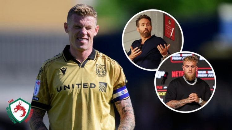 Wrexham player James McClean during a League One game. Inset, Wrexham co-owner Ryan Reynolds shrugs his shoulder, and a picture of Jake Paul during...