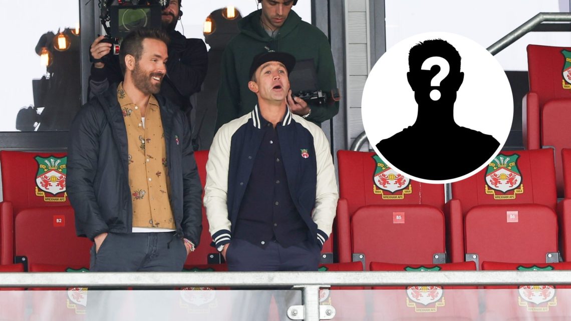 Ryan Reynolds and Rob McElhenney in the stands for Wrexham v Notts County. Inset, a mystery player icon.