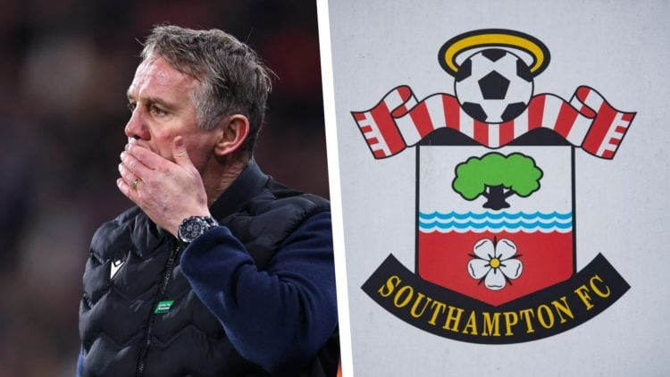 Split image of Wrexham AFC manager Phil Parkinson during a match, and the official club badge of Southampton FC.