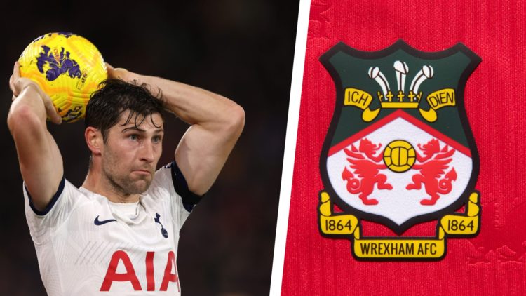 Split image of Spurs defender Ben Davies taking a throw-in, and the official club badge of Wrexham AFC.