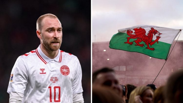 Christian Eriksen of Denmark looks on during the UEFA Nations League quarter-final Leg Two match between Portugal and Denmark. Wrexham AFC fan wave...
