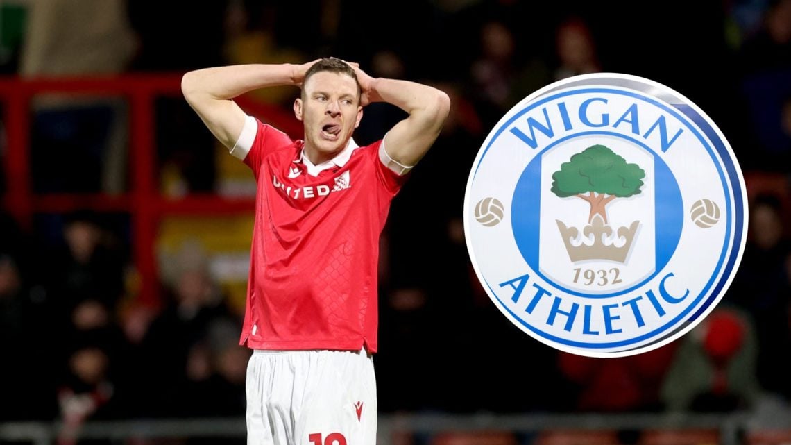 Former Wrexham striker Paul Mullin. Inset, Wigan Athletic badge.