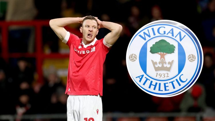 Former Wrexham striker Paul Mullin. Inset, Wigan Athletic badge.