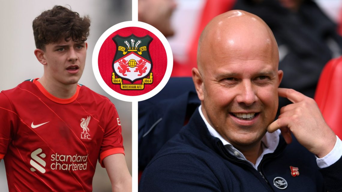 Split image of Liverpool player Owen Beck during a game, and Liverpool manager Arne Slot sitting in the dugout. Inset a picture of the official Wre...