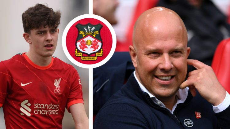Split image of Liverpool player Owen Beck during a game, and Liverpool manager Arne Slot sitting in the dugout. Inset a picture of the official Wre...