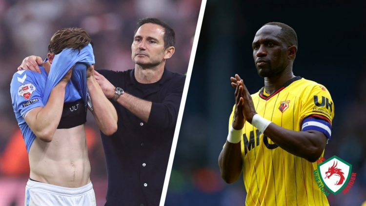 Split image of Frank Lampard after his Coventry City side were knocked out of the Championship play-offs, and Watford captain Moussa Sissoko applau...