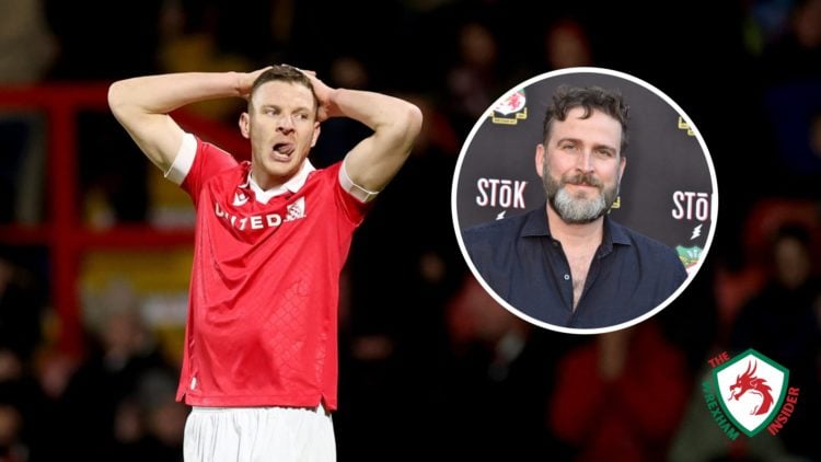 Wrexham striker Paul Mullin puts his hands behind his head. Inset a picture of Wrexham community director Humphrey Ker on the red carpet.