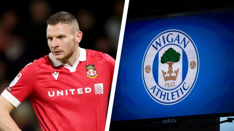 Split image of Wrexham striker Paul Mullin during a game, and the scoreboard at Wigan Athletic's D.W Stadium, sowing the official club badge.