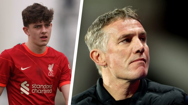 Split image of Wrexham manager Phil Parkinson looking on, and Owen Beck during a game for Liverpool.