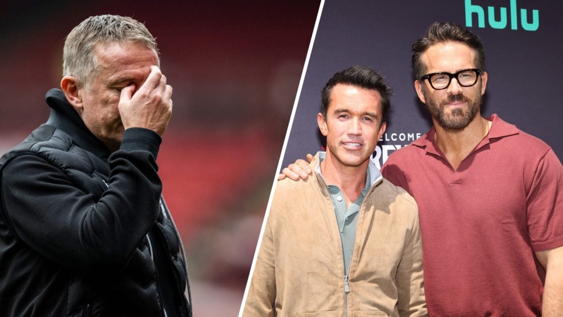A split image of Wrexham boss Phil Parkinson (L) and Rob McElhenney alongside Ryan Reynolds (R)
