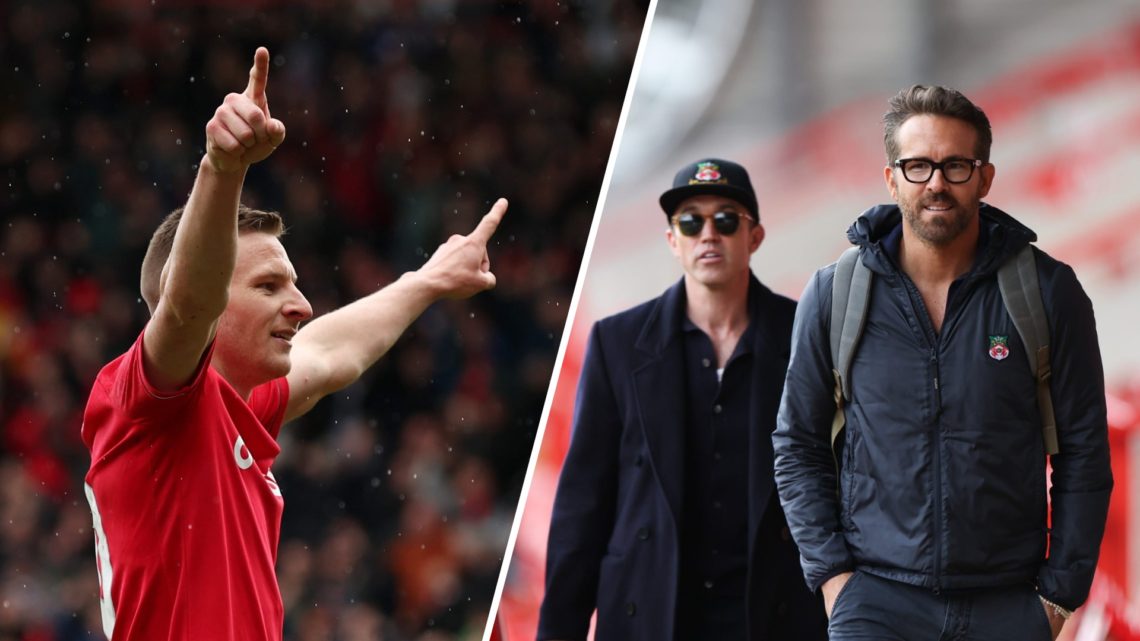 A split image of Wrexham striker Paul Mullin (L) and Rob McElhenney alongside Ryan Reynolds (R)