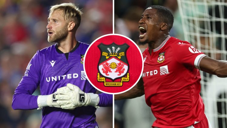 Aaron Hayden of Wrexham celebrates after scoring a goal to make it 0-2 during the pre-season friendly match between Manchester United and Wrexham. ...