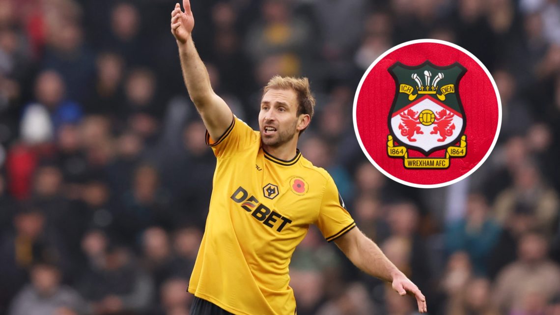 Wolves defender Craig Dawson. Inset, Wrexham badge.