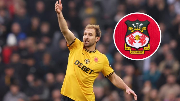 Wolves defender Craig Dawson. Inset, Wrexham badge.