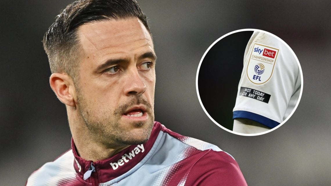 West Ham striker Danny Ings. Inset, a detailed look at the Championship logo.