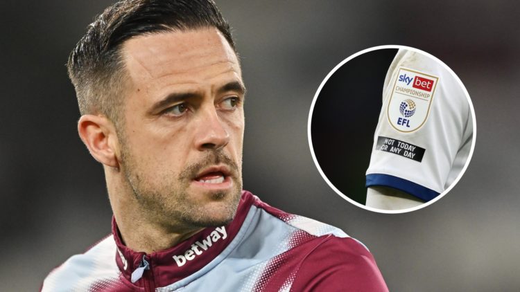 West Ham striker Danny Ings. Inset, a detailed look at the Championship logo.