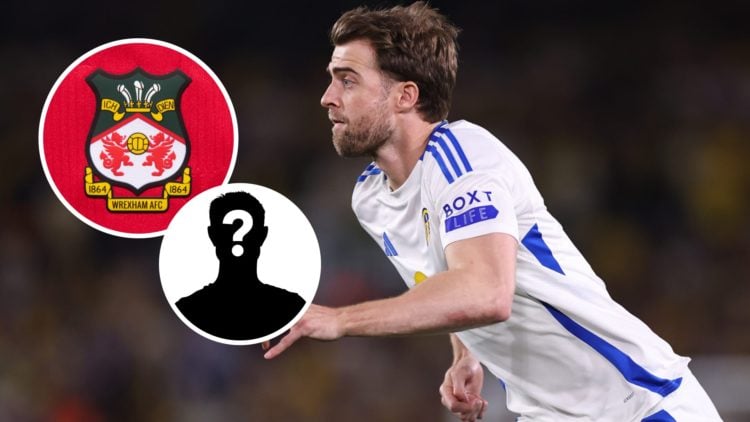 Leeds United striker Patrick Bamford. Inset, Wrexham badge and mystery player graphic.