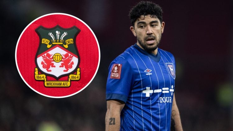 Ipswich Town midfielder Massimo Luongo during an FA Cup match in 2024/25. Inset a picture of the official Wrexham AFC club badge.