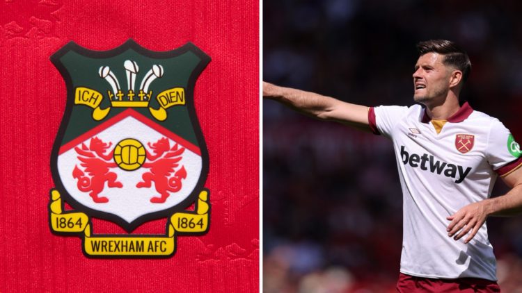 Aaron Cresswell of West Ham United during the Premier League match between Manchester United FC and West Ham United. The official club badge of Wre...