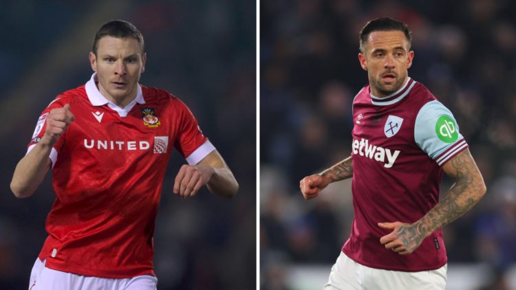 Danny Ings of West Ham United during the Premier League match between Leicester City FC and West Ham United. Mullin of Wrexham looks on during the ...