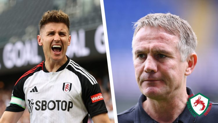 Split image of Fulham captain Tom Cairney celebrating, and Wrexham AFC manager Phil Parkinson.