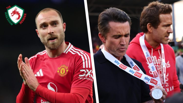 Split image of Christian Eriksen during a match for Manchester United, and Wrexham AFC co-owners Ryan Reynolds and Rob McElhenney following promoti...