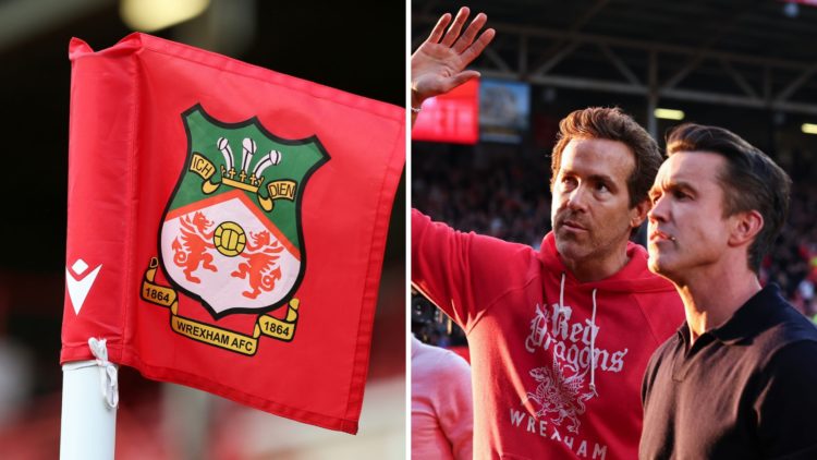 A detailed view of a Wrexham corner flag is seen during the Vanarama National League match between Wrexham and Aldershot Town. Rob McElhenney and R...