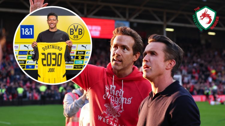 Wrexham co-owners Ryan Reynolds and Rob McElhenney following the club's promotion from League One. Inset a picture of Jobe Bellingham after signing...