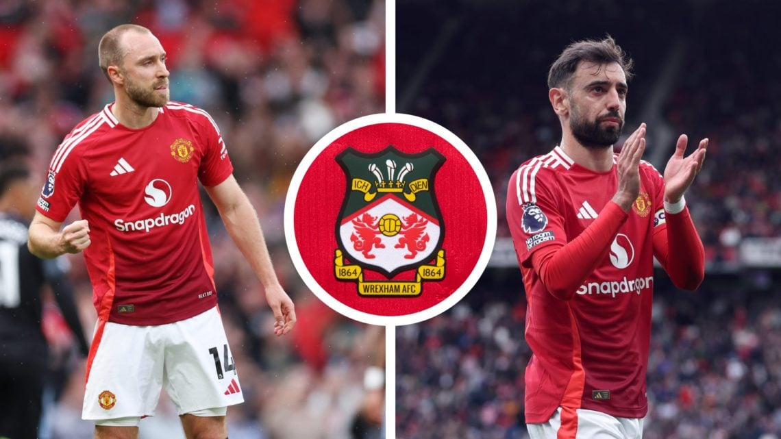 Split image of Man United players Christian Eriksen and Bruno Fernandes whilst playing for the club. Inset a picture of the official Wrexham AFC cl...