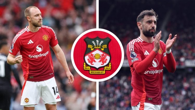 Split image of Man United players Christian Eriksen and Bruno Fernandes whilst playing for the club. Inset a picture of the official Wrexham AFC cl...
