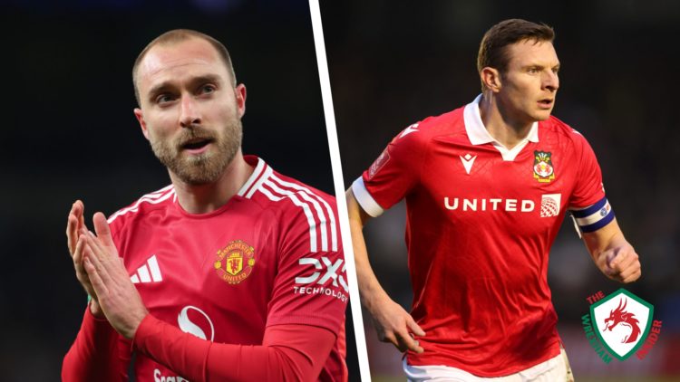 Split image of Manchester United midfielder Christian Eriksen clapping the fans, and Paul Mullin playing for Wrexham AFC.