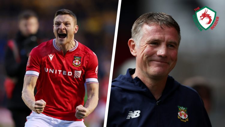 Split image of Wrexham striker Paul Mullin celebrating a goal, and Wrexham manager Phil Parkinson smiling on the touchline.