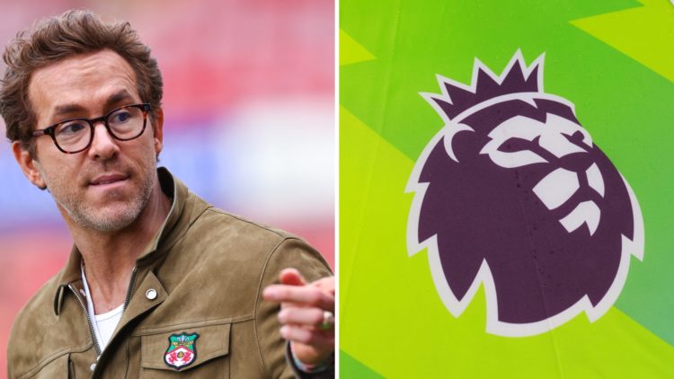 The Premier League logo is seen during the Premier League match between West Ham United and Tottenham Hotspur. Ryan Reynolds co-owner of Wrexham ah...