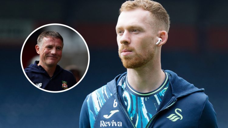 Lewis O'Brien for Swansea City. Inset, Wrexham manager Phil Parkinson.