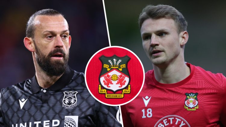 Split image of former Wrexham players Steven Fletcher (L) and Sam Dalby (R). Inset, Wrexham badge.