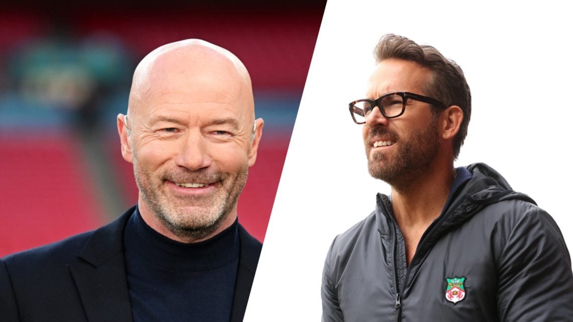 A split image of pundit Alan Shearer (L) and Wrexham co-owner Ryan Reynolds (R)