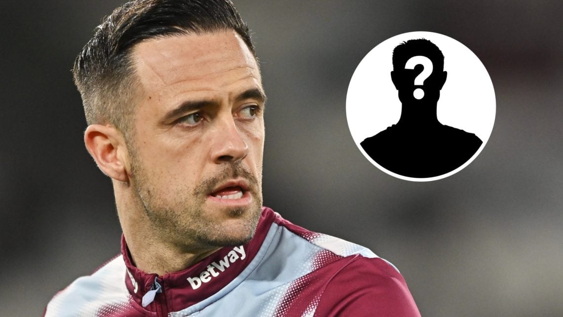West Ham United striker Danny Ings in a pre-match warm-up. Inset, a mystery player icon.