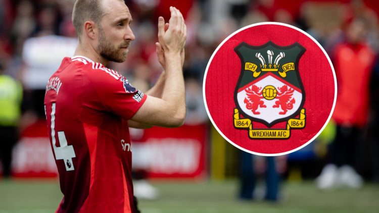 Manchester United player Christian Eriksen applauds the fans. inset a picture of the official club badge of Wrexham AFC.