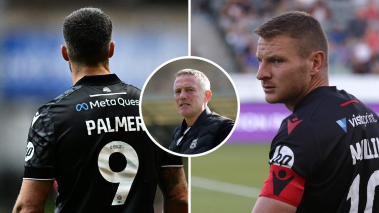 Paul Mullin of Wrexham AFC looks on ahead of a pre-season friendly match against the LA Galaxy II. Ollie Palmer during the Sky Bet League One match...