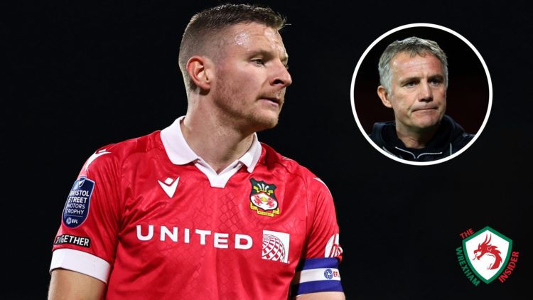 Wrexham striker Paul Mullin during an EFL Trophy match. Inset a picture of Wrexham manager Phil Parkinson.