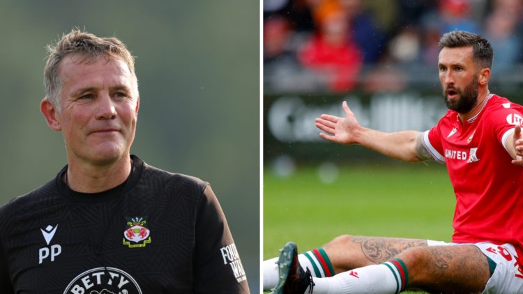 Wrexham boss Phil Parkinson looks on during a training session. Ollie Palmer reacts during the Sky Bet League Two match between Wrexham and Milton ...