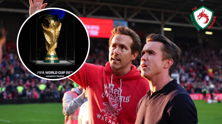 Wrexham co-owners Ryan Reynolds and Rob McElhenney celebrate winning promotion from League One. Inset a picture of the FIFA 2026 World Cup trophy o...