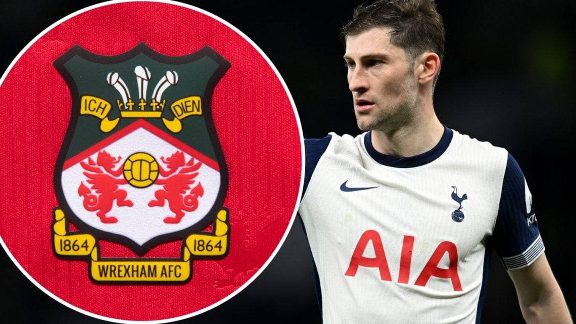 Tottenham Hotspur defender Ben Davies during a game. Inset a picture of the official Wrexham AFC club badge.