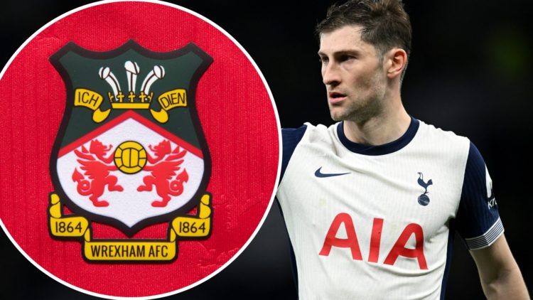 Tottenham Hotspur defender Ben Davies during a game. Inset a picture of the official Wrexham AFC club badge.